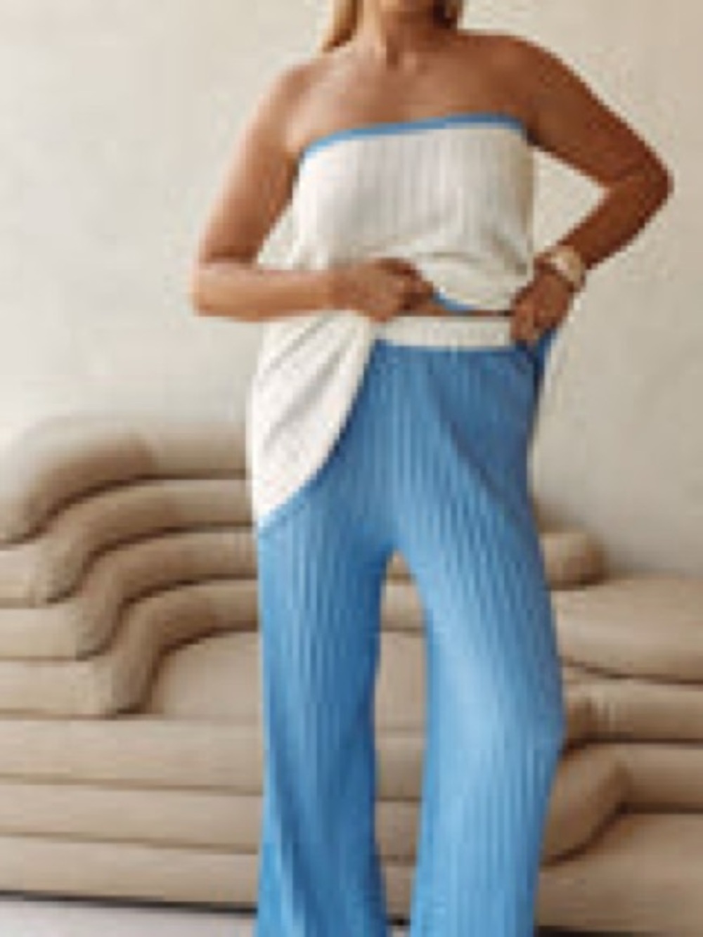Blue & White Ribbed Strapless Jumpsuit 3-piece